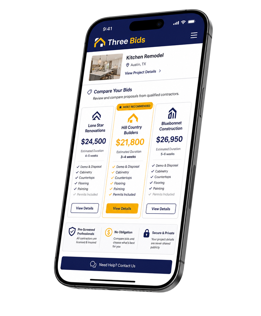 Three Bids app comparing three contractor quotes side by side